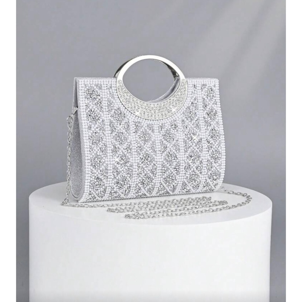 Opulaura Silver Rhinestone Pearl Evening Clutch Bag Wedding‎ Formal Crossbody